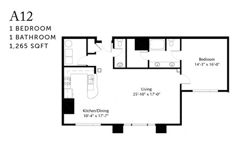 Floor plan for 1 bed, 1.5 baths, 1265 sqft
